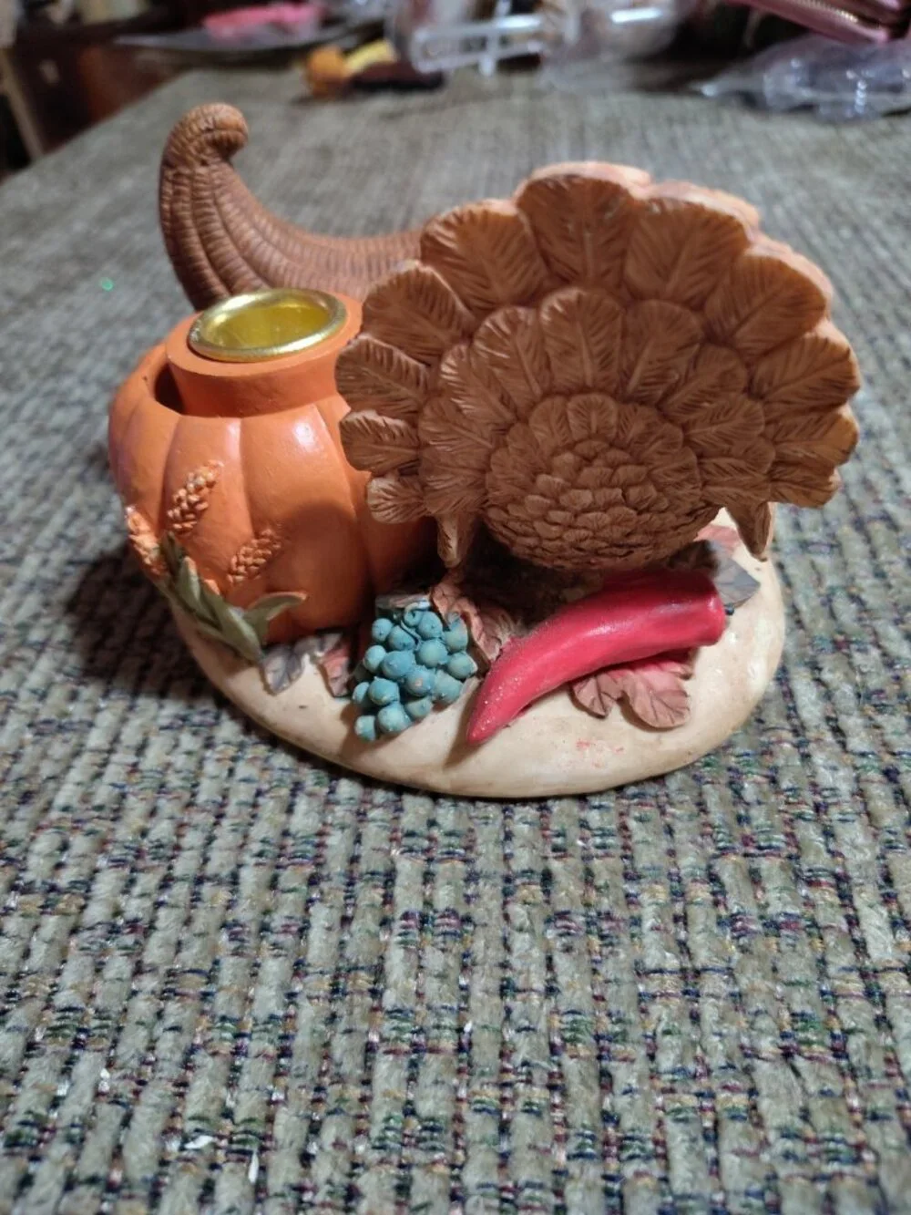 Thanksgiving Candle Holder Turkey Cornucopia Ceramic Figure 3x4in Clean